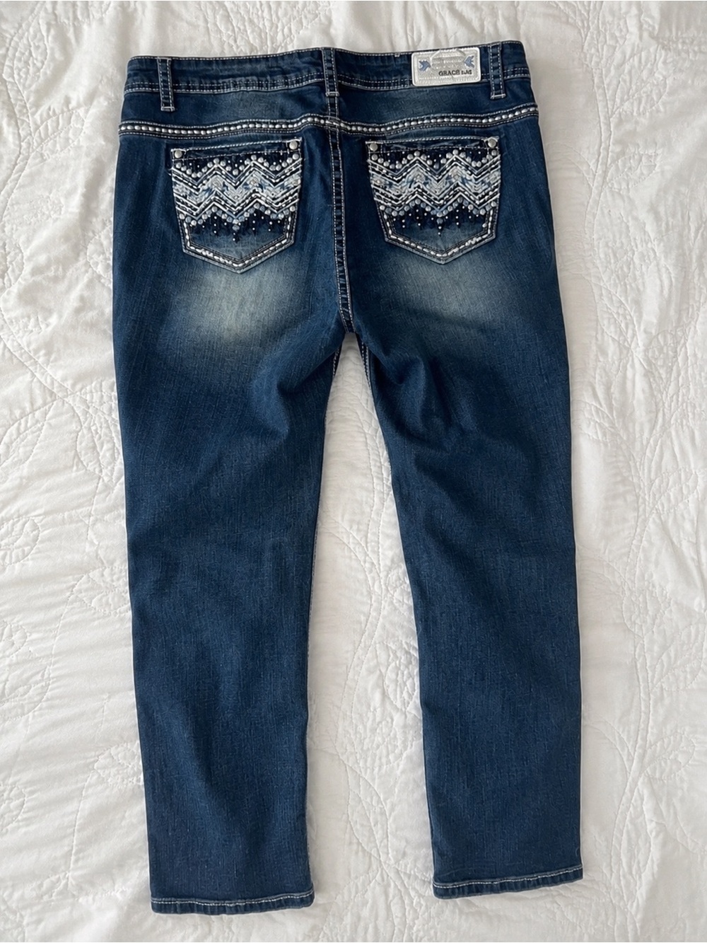 Grace In LA Women's Chevron Fleur De Lis Embroidered Pockets Skinny Stretch Jean